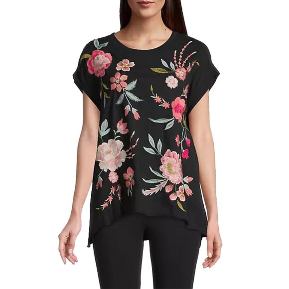 Johnny Was Joya Relaxed Drape Tee Flowers Black Shirt Floral Embroidery Top New - Picture 1 of 8